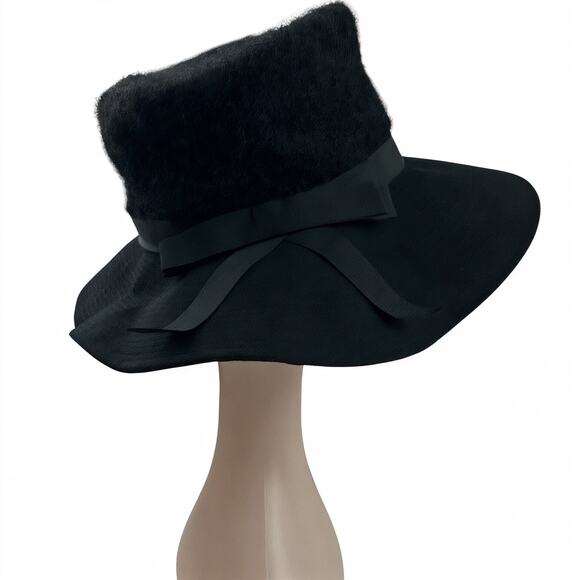 Vintage 1960's Black Wide Brim Hat Boucle Crown Mod Wool Felt Ribbon Bow Glam - Picture 8 of 11